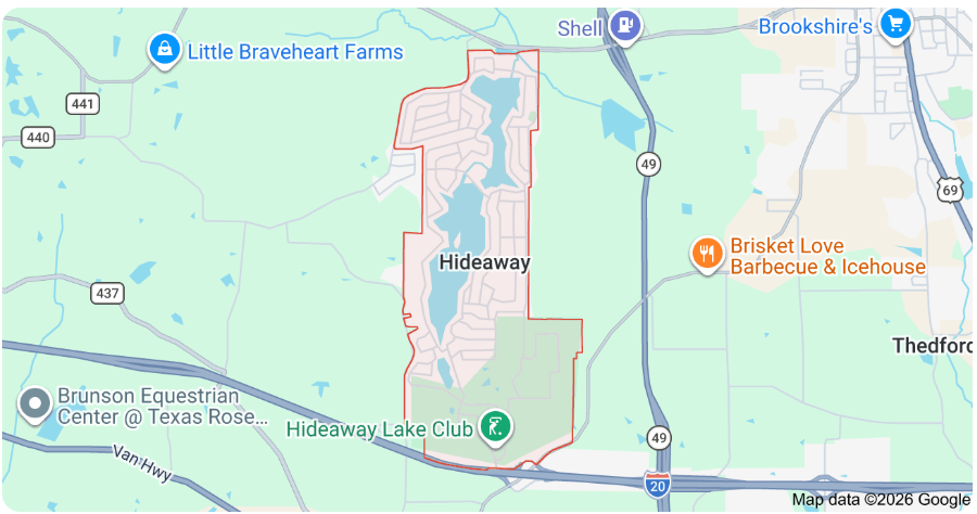 Map of Hideaway, TX service area for Absolute Air heating, cooling, and HVAC services