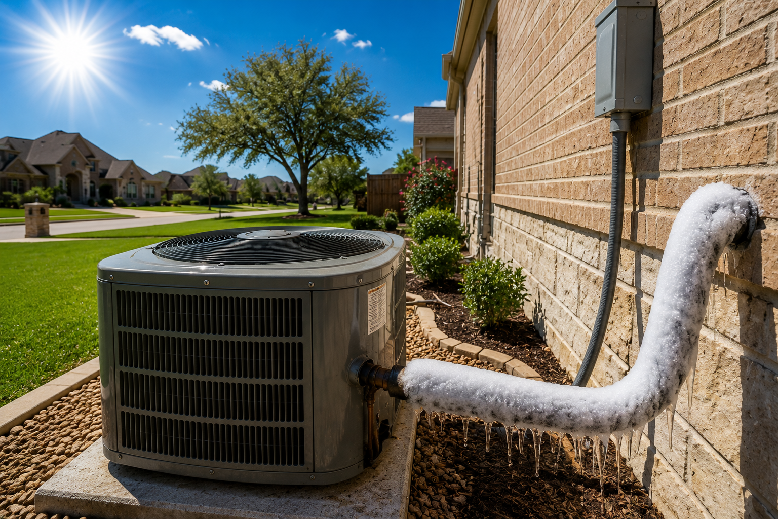 Frozen refrigerant line on a residential air conditioner beside a brick home during a hot summer day in Kaufman, Texas.
